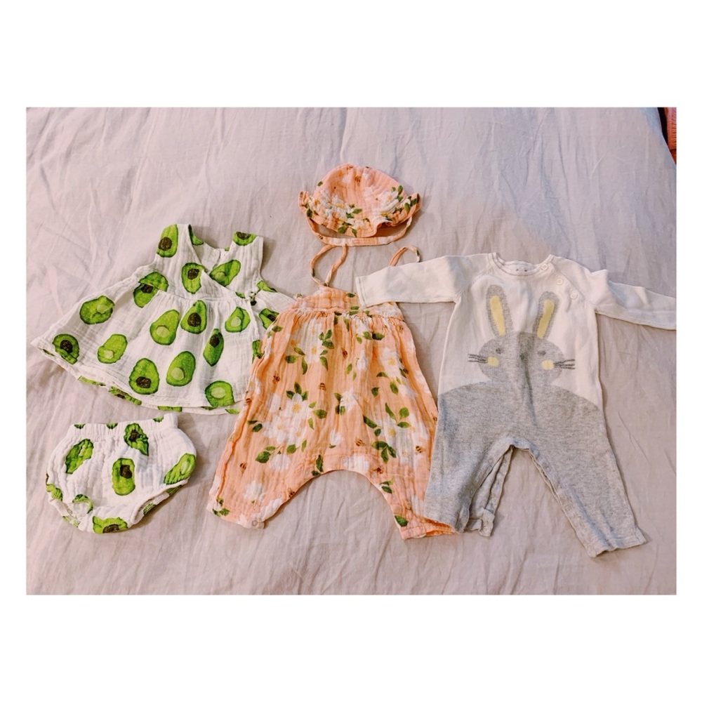 ANGEL DEAR: 3-6 month bundle: avocado dress, floral overalls, and bunny jumper